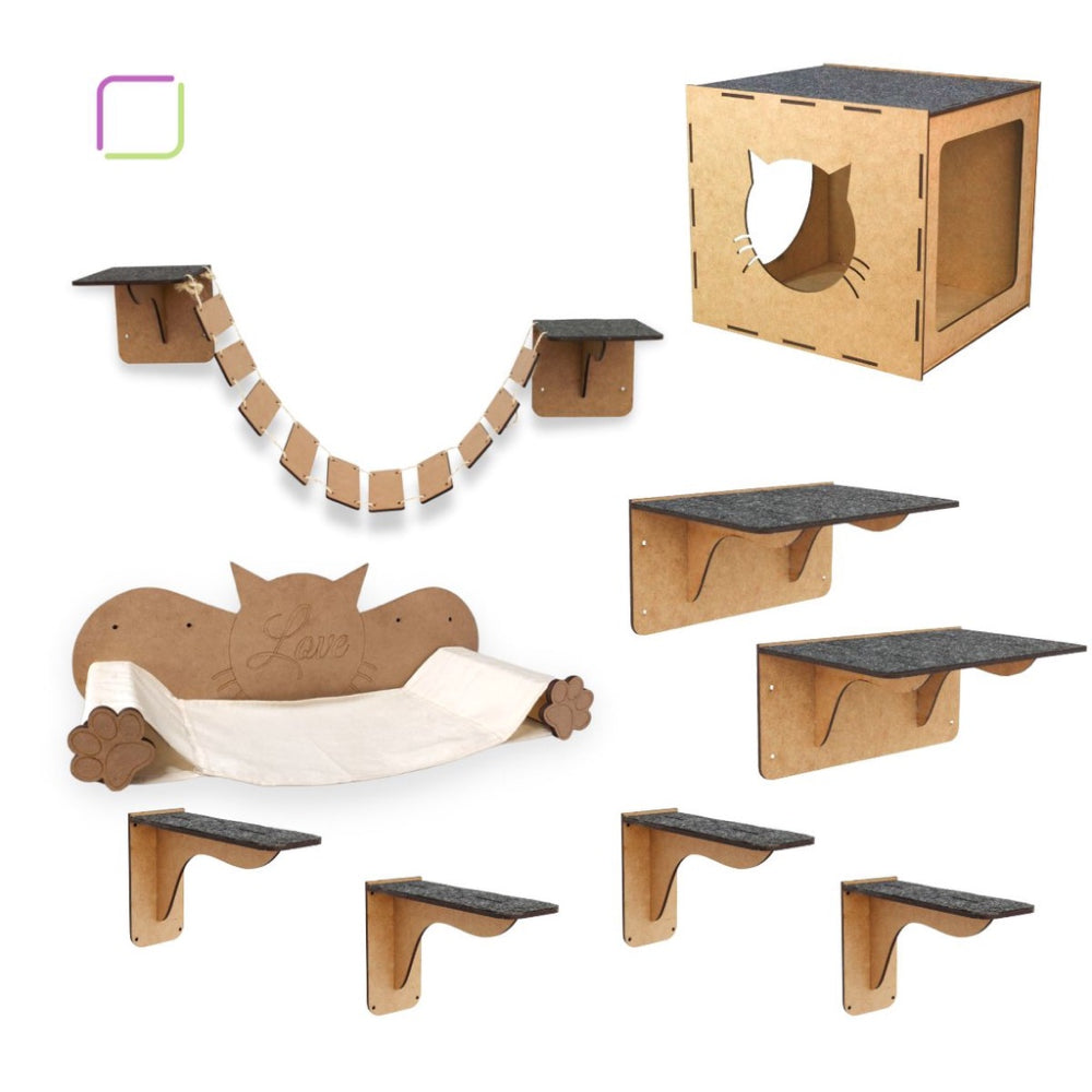 Playground para Gatos - Kits com cama de parede, arranhador, prateleiras, escadinha circuito, nichos com carpete