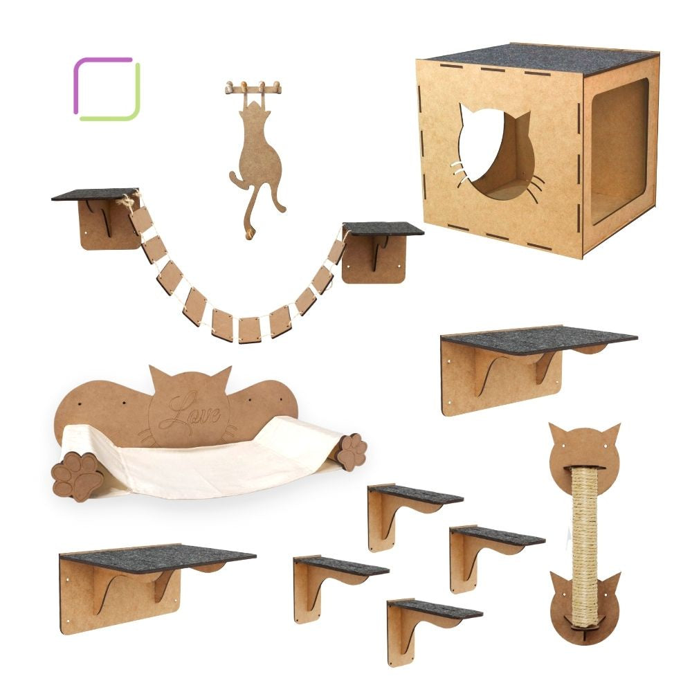 Playground para Gatos - Kits com cama de parede, arranhador, prateleiras, escadinha circuito, nichos com carpete